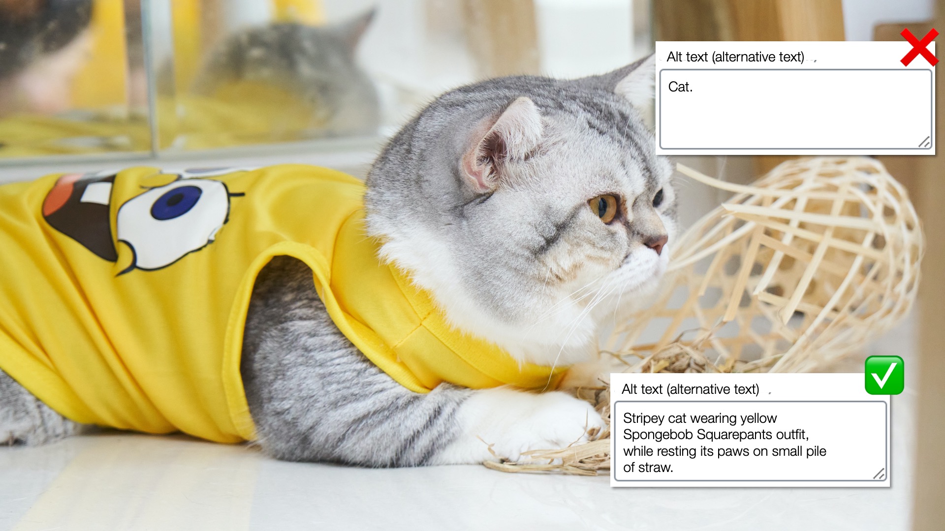 Stripey cat wearing yellow Spongebob Squarepants outfit, while resting its paws on small pile of straw with two alt text options, one is complete, the other contains insufficient detail. 