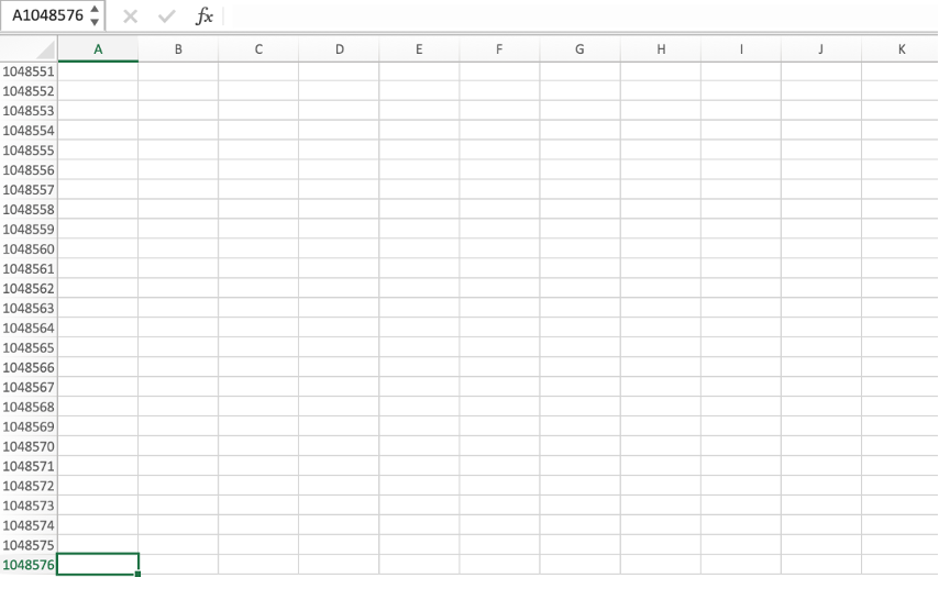 Rows on Excel sheet showing the maximum row limit. 