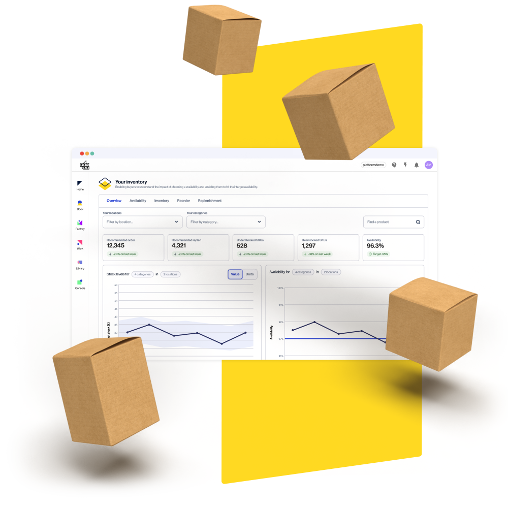 Boxes of inventory in front of a screenshot of Peaks Dynamic Inventory application